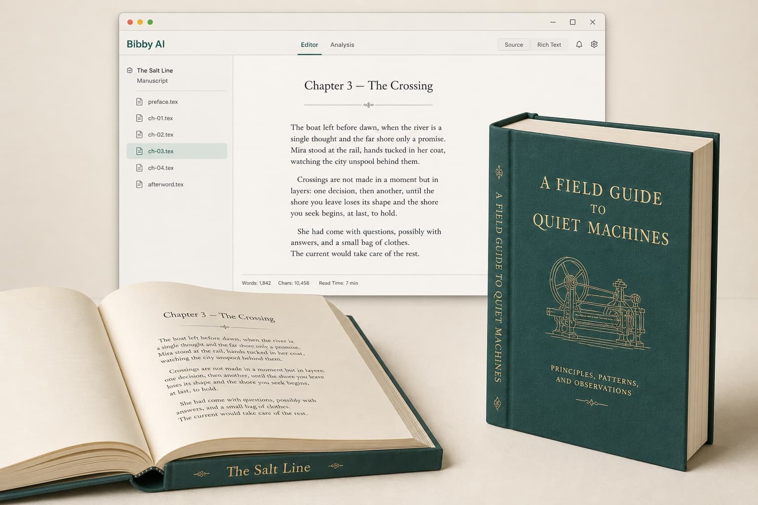 An open novel, The Salt Line, beside a hardcover book and a Bibby project of chapter files