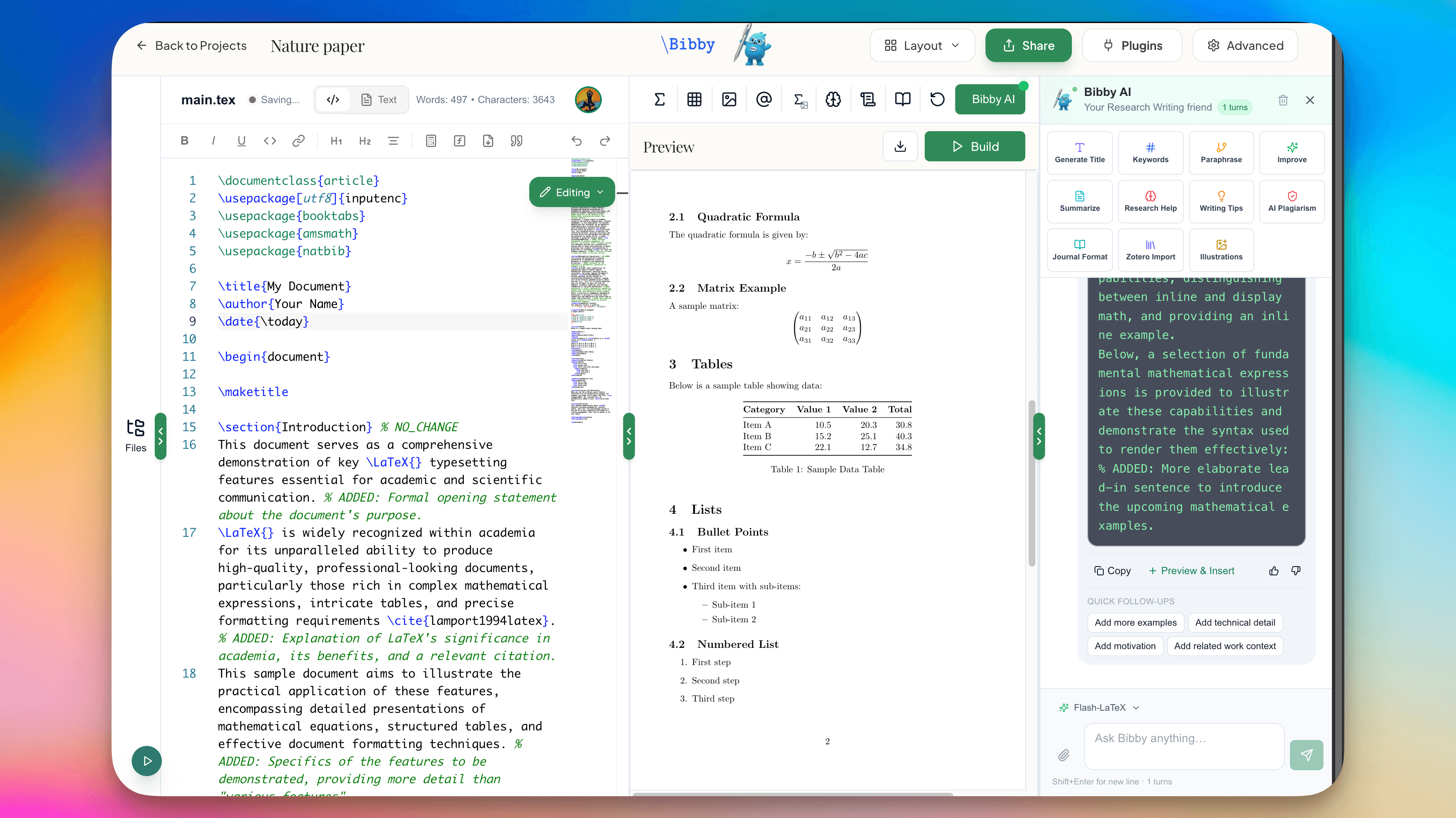 Bibby workspace: editor, preview, and an AI co-author for researchers