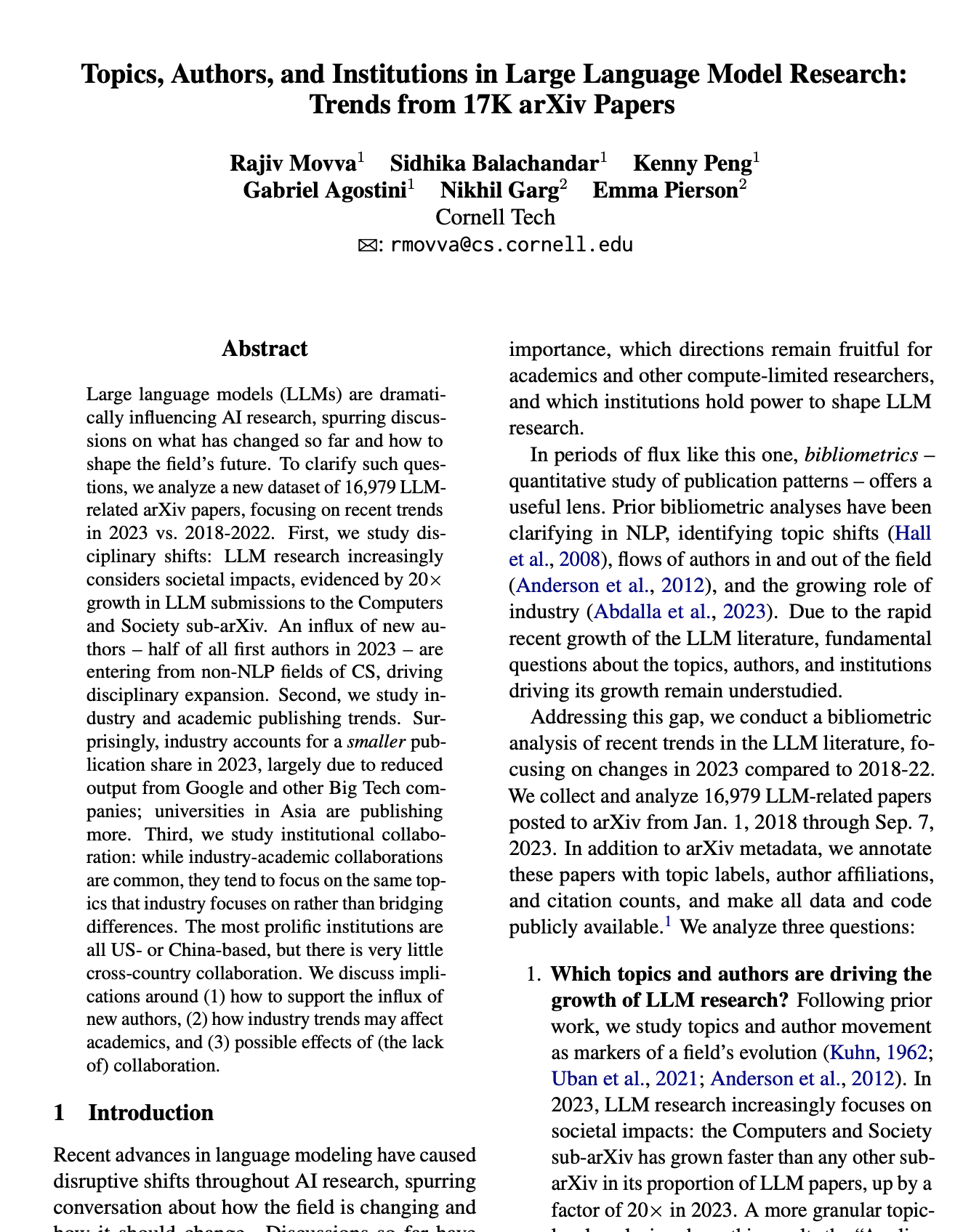 Topics, Authors, and Institutions in LLM Research