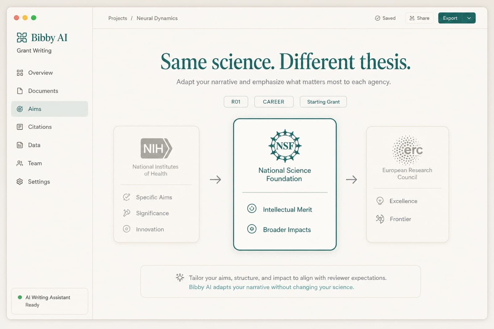 Bibby Grant Intelligence switching the same proposal from NIH Specific Aims to NSF merit criteria