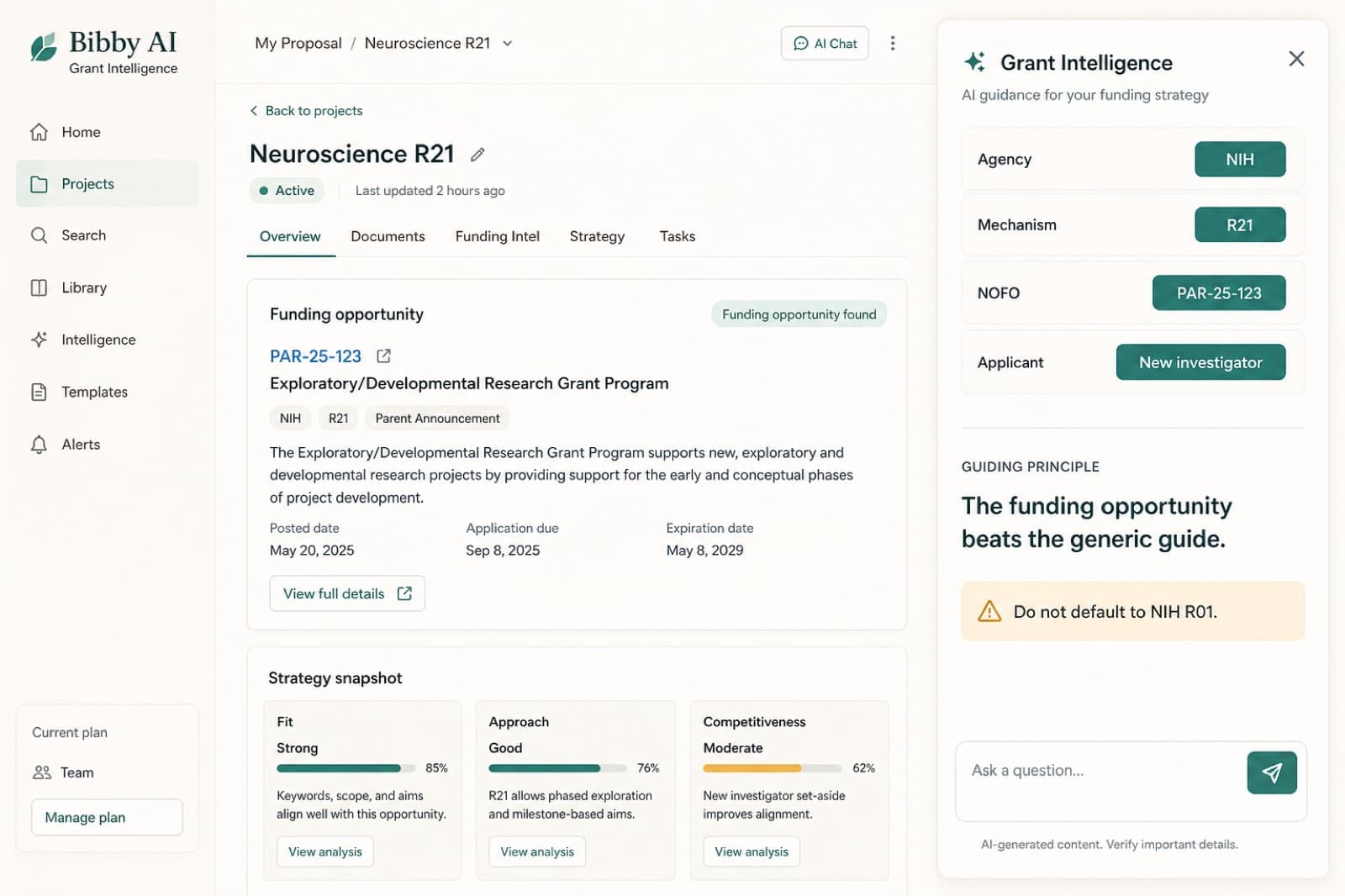 Grant Intelligence panel with agency, mechanism, and NOFO chips instead of a default NIH R01