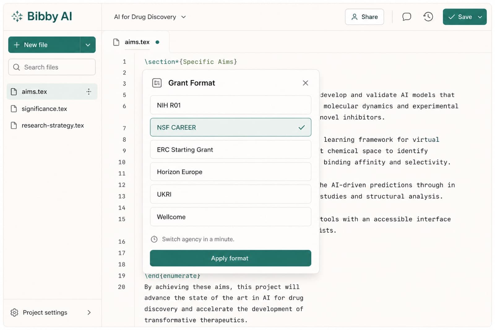 Grant Format command palette with NIH R01, NSF CAREER, ERC, Horizon, UKRI, and Wellcome