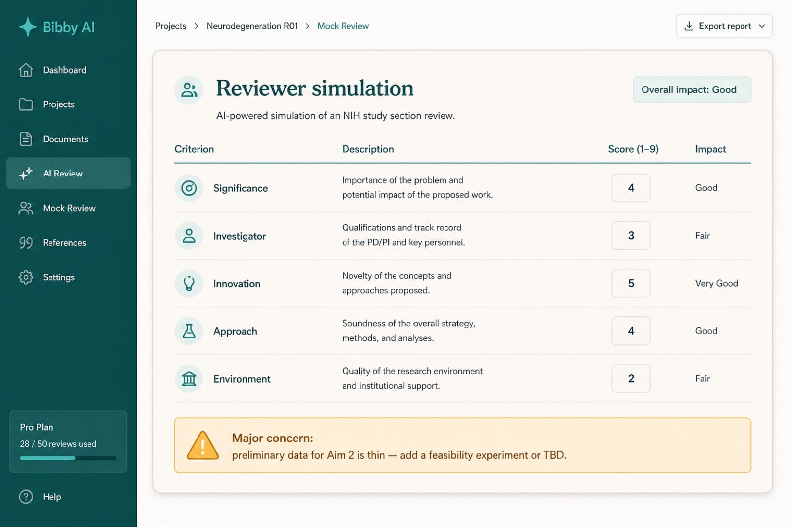 Mock NIH-style reviewer scores with a highlighted major concern about preliminary data