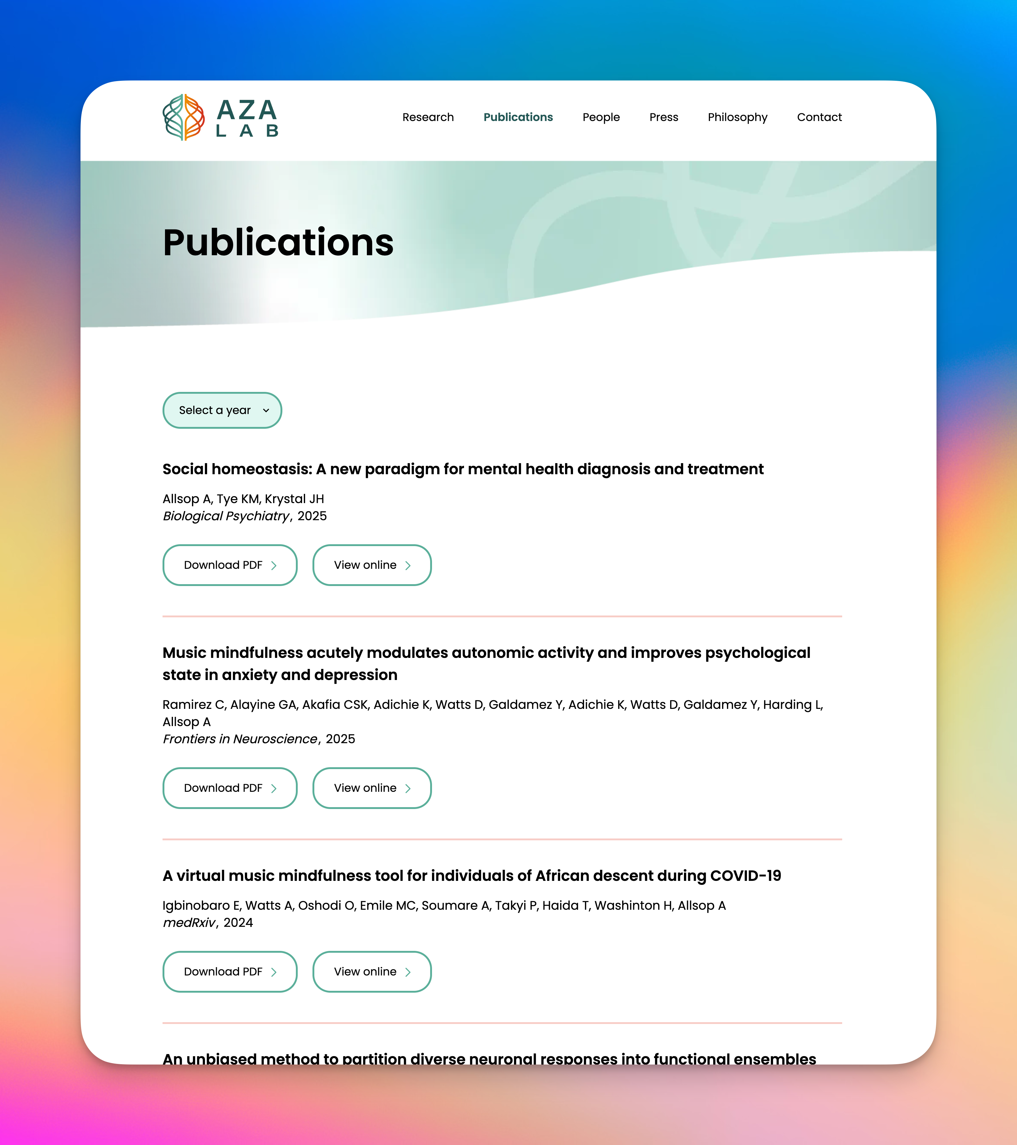 Example academic lab website: AZA LAB publications page with papers and download links