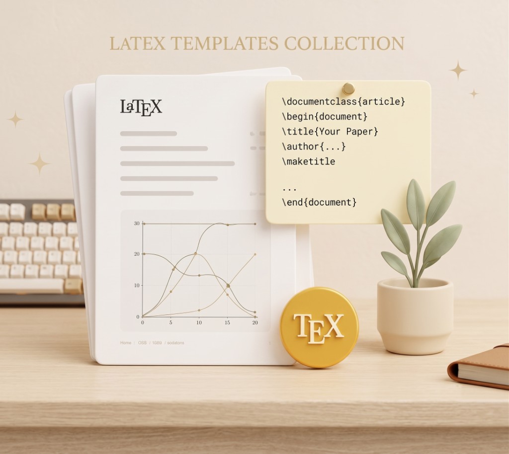 LaTeX templates collection — documents, code, and TeX on a desk