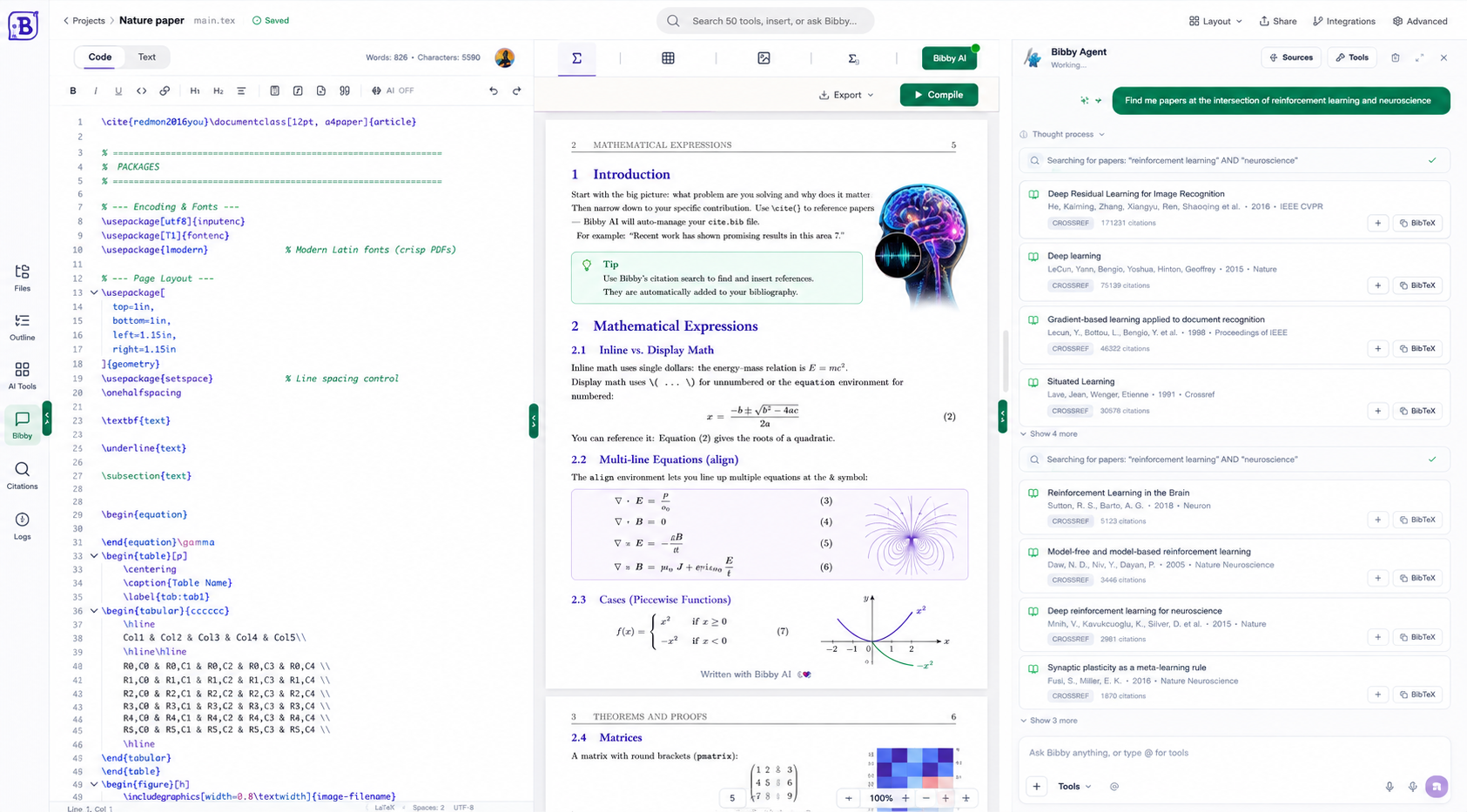 Bibby workspace: LaTeX editor, PDF preview, and Bibby Agent for researchers