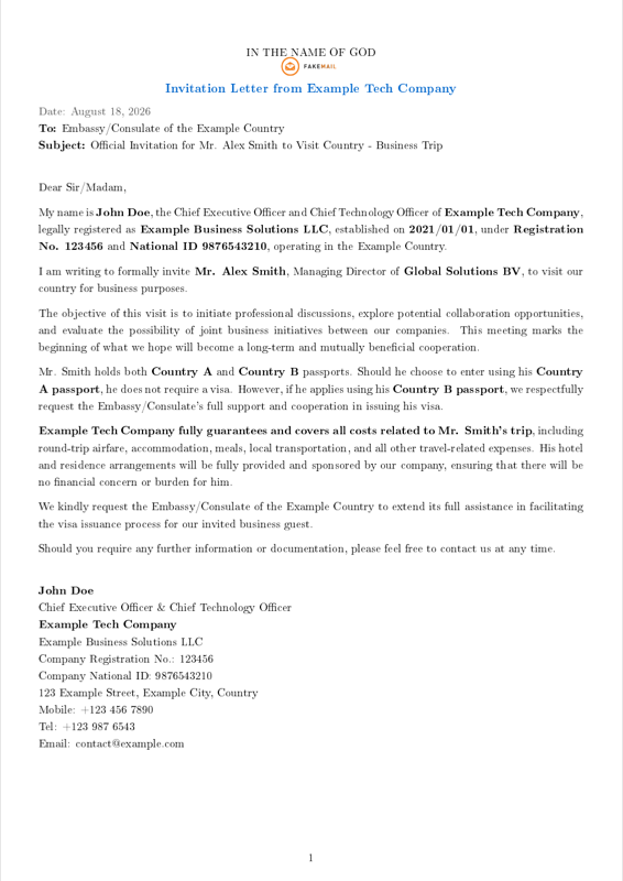 Business Visa Invitation Letter preview