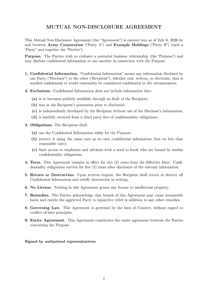 NDA Agreement preview