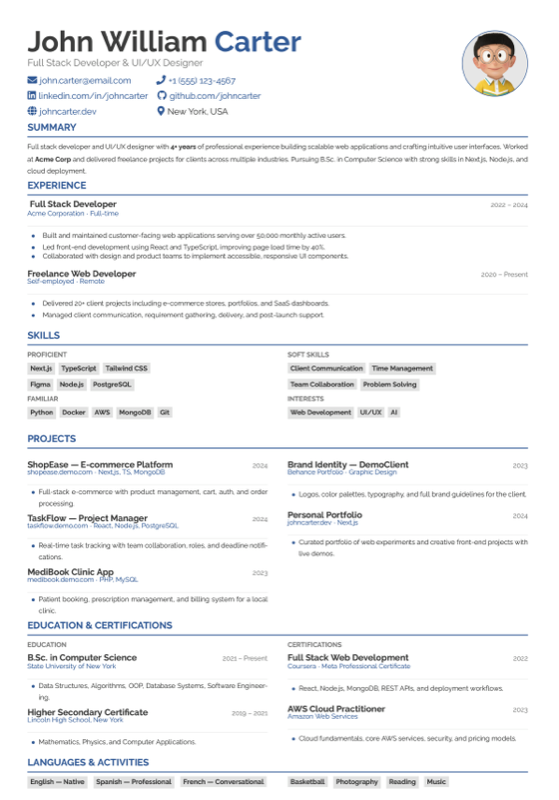 One Page CV preview